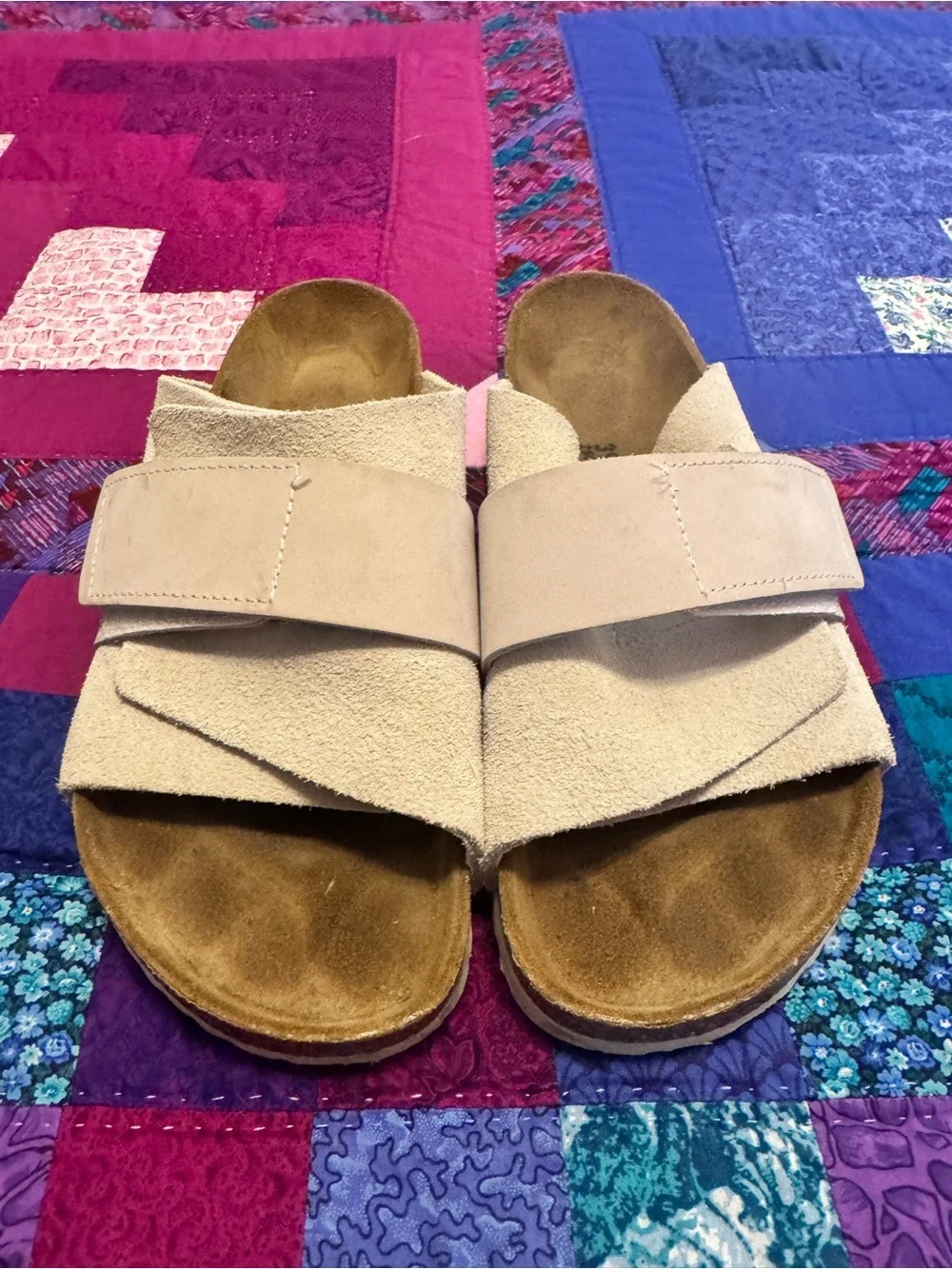 Birkenstock Women's Beige Suede Velcro Slide Sandals